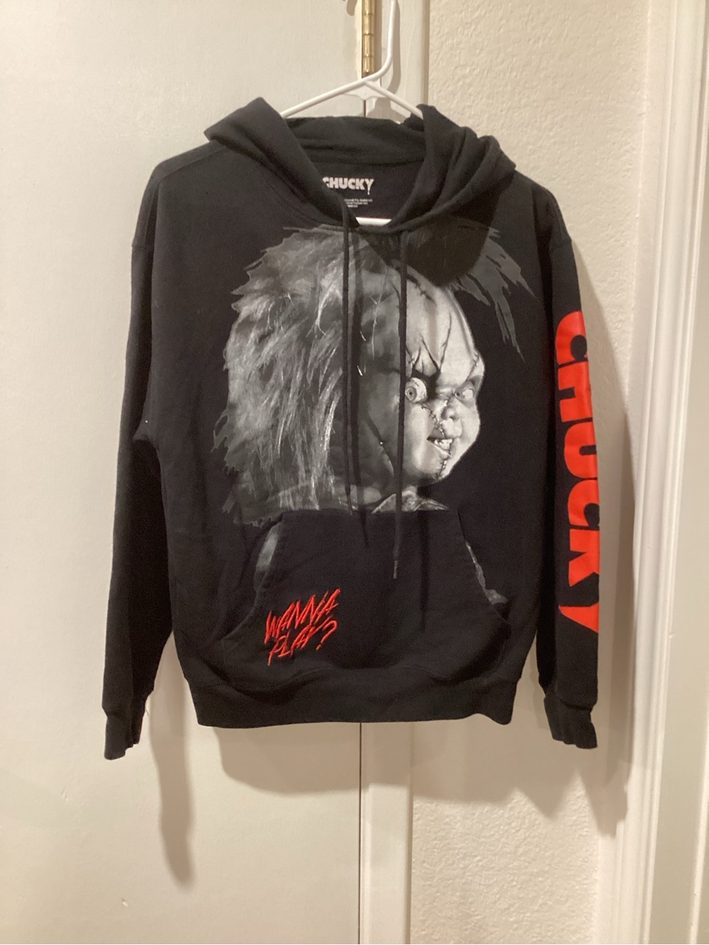 Chucky Graphic Black Hoodie with Red Sleeve Text